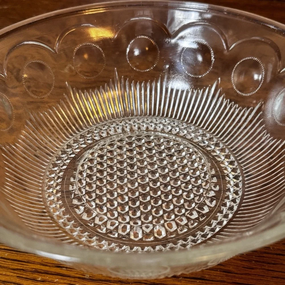 Vintage Cut Glass Serving Bowl Clear Hobnail Oval Pattern 9